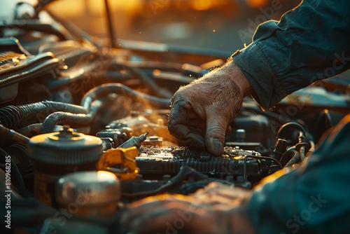 Professional photo captures a man meticulously working under the hood, illuminated by the car's internal light, emphasizing his focus and expertise in nighttime auto repair.