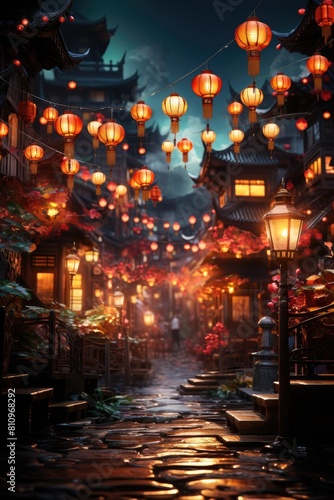 Asian Town at Night Fictional Character Created By Generative AI. 
