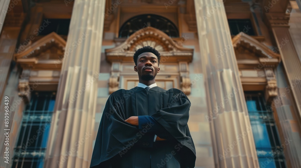 Naklejka premium a graduate standing in front of a university building, representing their academic achievements
