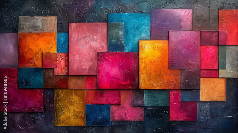 AI-generated abstract painting with vibrant colors and a variety of shapes and textures.