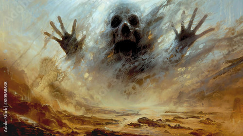 A Large Ghostly Figure Emerging From a Dust Storm in a Desert Horror Art photo