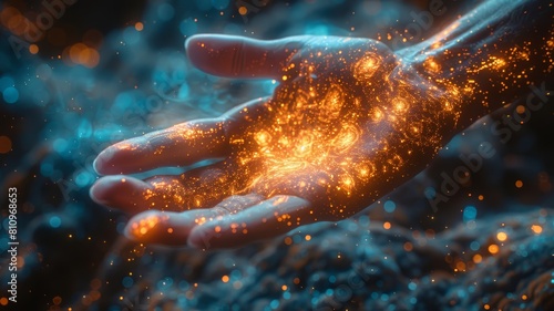 AI-generated image. Glowing particles float in the palm of an outstretched human hand. photo