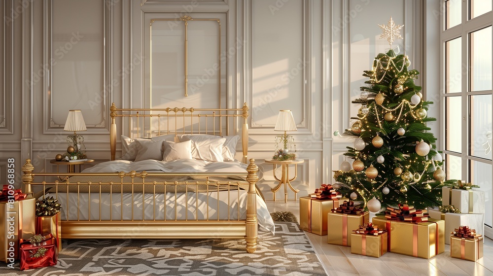 Festive setting with a gold king-sized bed and a Christmas tree, gifts around, in a bright room.