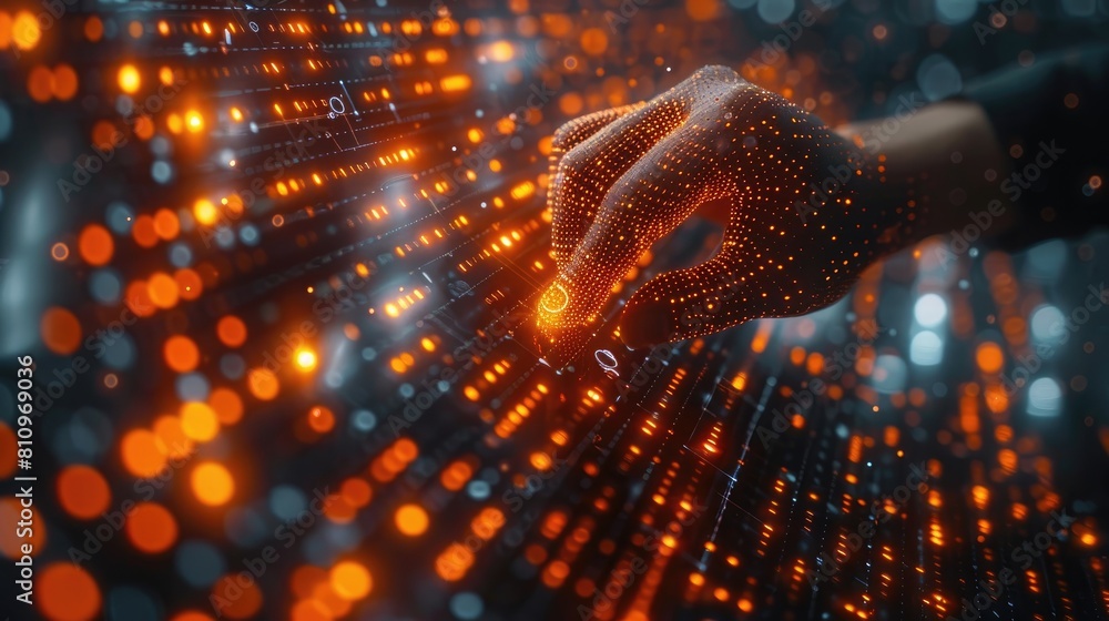 Glowing hand touching a digital interface with orange and blue lights. Glowing hand touching a digital interface with orange and blue lights.