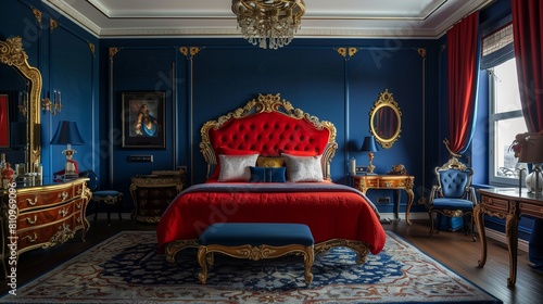 Blue luxurious bedroom with a red bed, gold Baroque details, and antique decor. photo