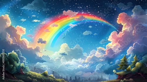 illustration colorful rainbow with a blue sky and clouds in the background