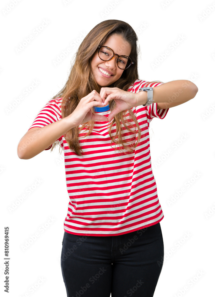 Young beautiful brunette woman wearing glasses and stripes t-shirt over isolated background smiling in love showing heart symbol and shape with hands. Romantic concept. Young beautiful brunette woman wearing glasses and stripes t-shirt over isolated background smiling in love showing heart symbol and shape with hands. Romantic concept.