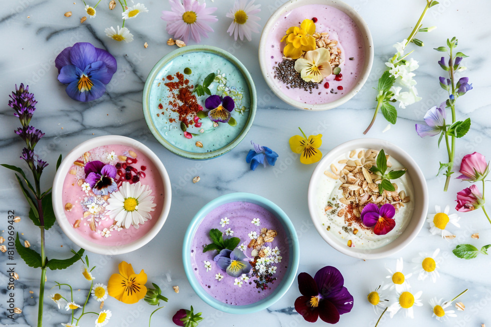 Aesthetic composition of pastel-colored smoothie bowls, garnished with edible flowers, nuts, and seeds, on a marble surface Aesthetic composition of pastel-colored smoothie bowls, garnished with edible flowers, nuts, and seeds, on a marble surface