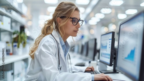  A female doctor wearing glasses uses a computer in a hospital or clinic.