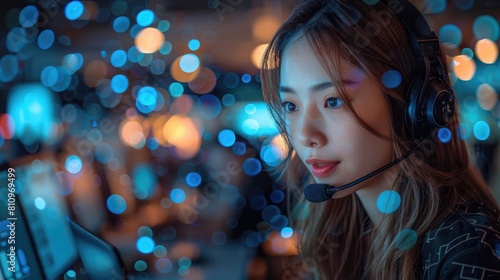 A beautiful Asian woman wearing headphones is sitting in front of a computer. She has a serious expression on her face and is looking at the screen. There are blue and green bokeh lights in the backgr photo