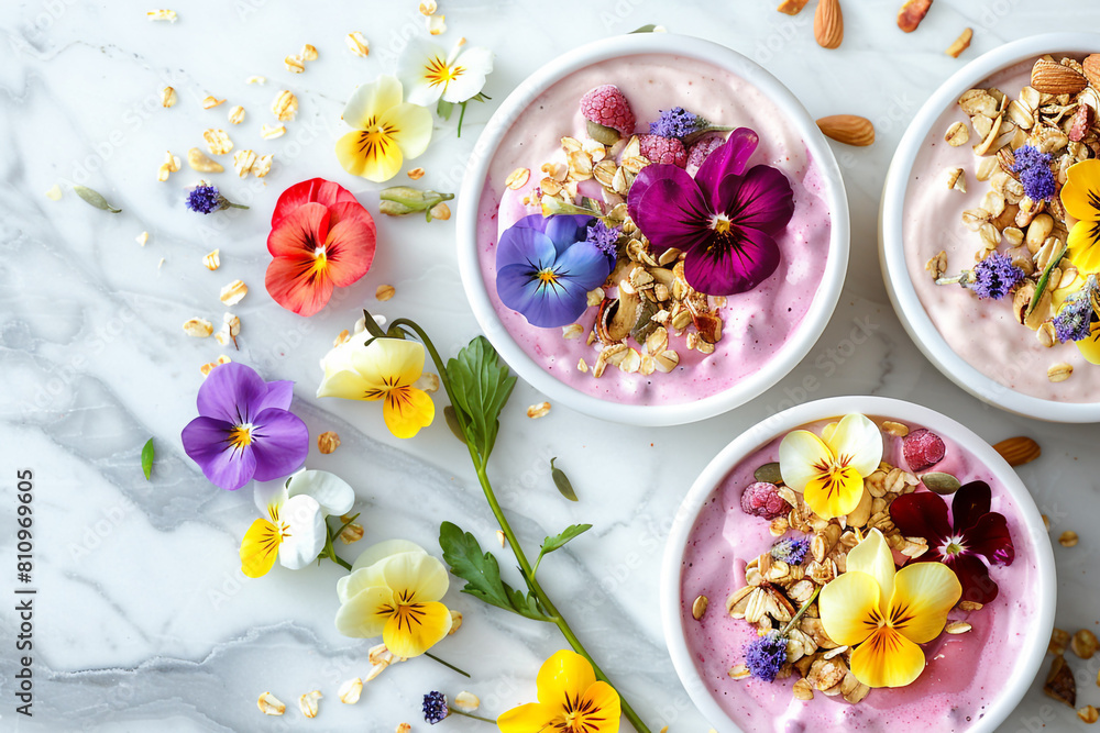 Aesthetic composition of pastel-colored smoothie bowls, garnished with edible flowers, nuts, and seeds, on a marble surface Aesthetic composition of pastel-colored smoothie bowls, garnished with edible flowers, nuts, and seeds, on a marble surface