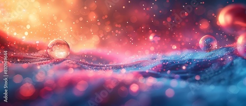 Abstract glowing red blue bubbles floating wavy surface bright warm background