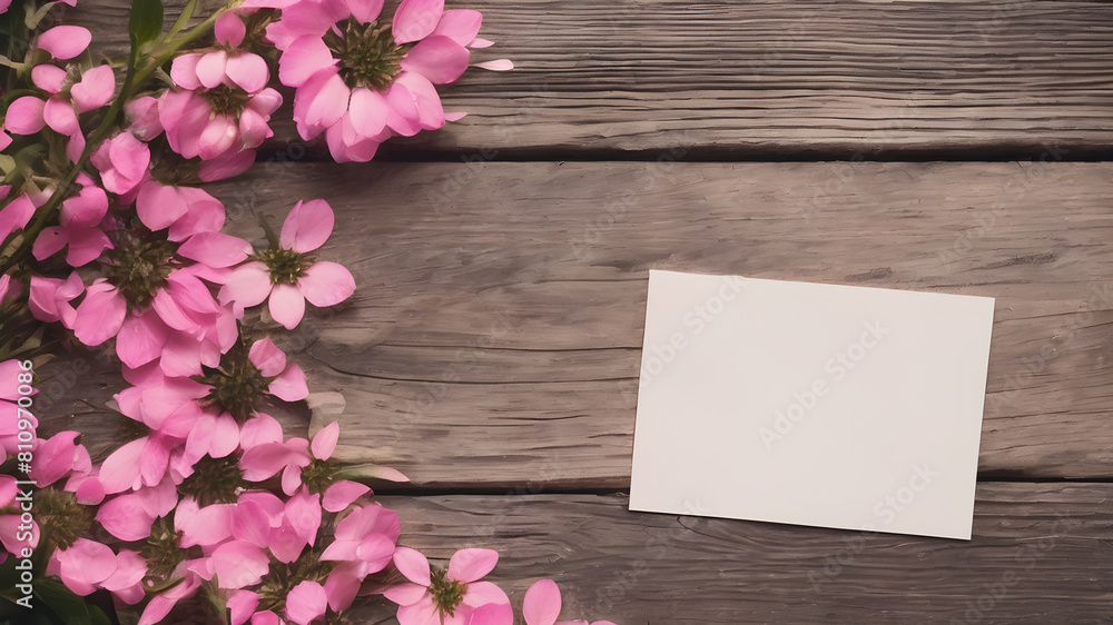 Fototapeta premium wooden background with flowers with paper note empty space for greeting message. Love and greeting concept design. AI generated image, ai