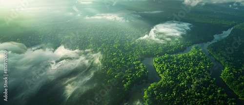 Aerial view from a helicopter over a vast rainforest