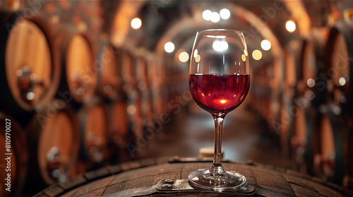 Red wine glass on a wooden barrel in an old winery hall with many blurred barrels in the background