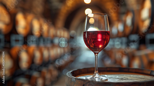 Red wine glass on a wooden barrel in an old winery hall with many blurred barrels in the background