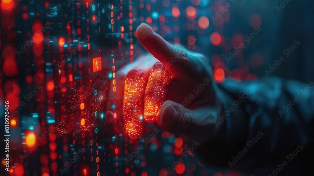 A fingertip touching a digital screen with a binary code background. A fingertip touching a digital screen with a binary code background.