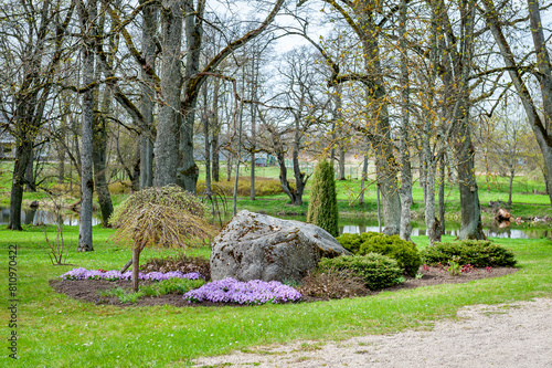 Beautiful view in rock garden. Landscape design with colorful flowers and dwarf conifers. Dwarf trees in a public park.