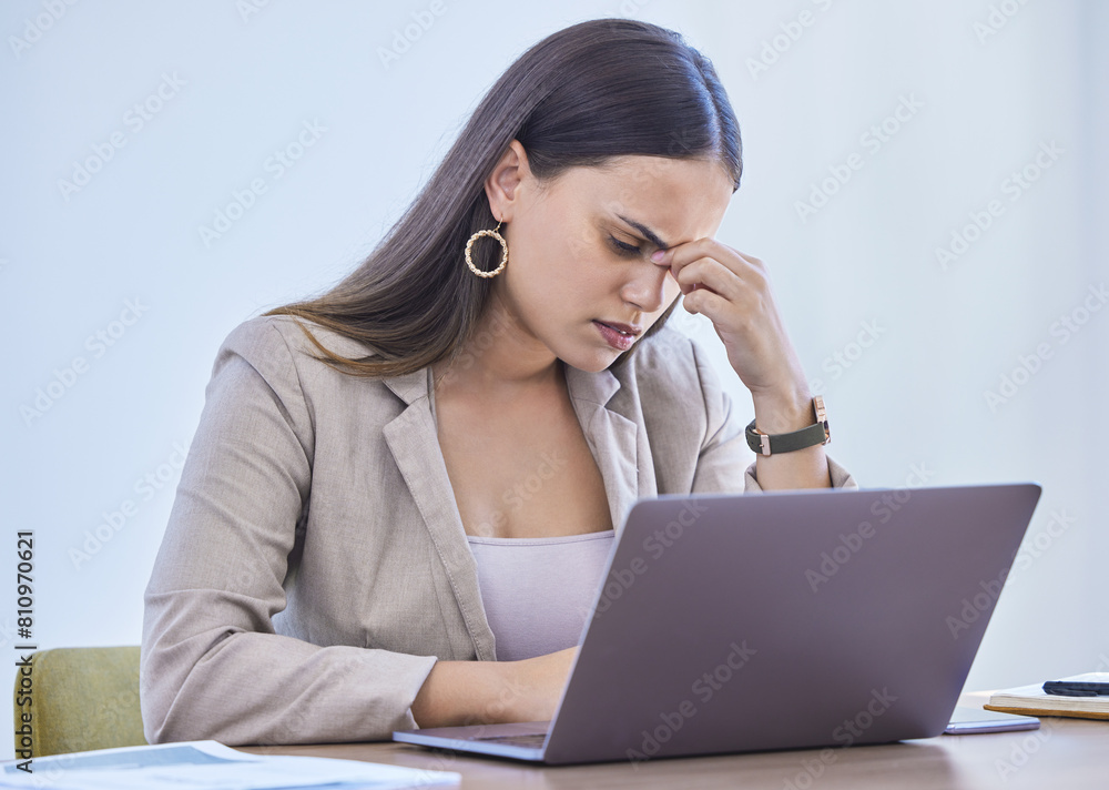 Businesswoman, stressed and office with laptop, headache and deadline for intern goals. Creative writer, professional news editor or expert reporter for content creation, publishing and press startup Businesswoman, stressed and office with laptop, headache and deadline for intern goals. Creative writer, professional news editor or expert reporter for content creation, publishing and press startup