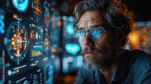 A male data scientist wearing glasses is looking at a futuristic computer screen with a lot of data and graphs.