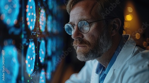 A male doctor wearing glasses looks at a brain scan.
