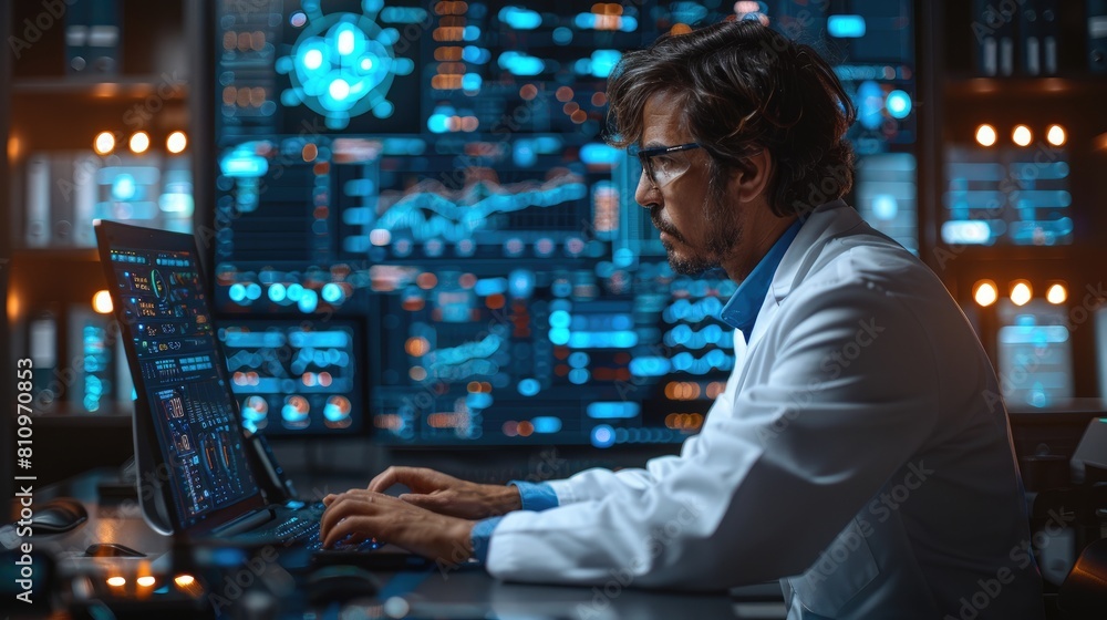 A male scientist wearing glasses works on a computer in a futuristic laboratory with multiple screens displaying data. A male scientist wearing glasses works on a computer in a futuristic laboratory with multiple screens displaying data.