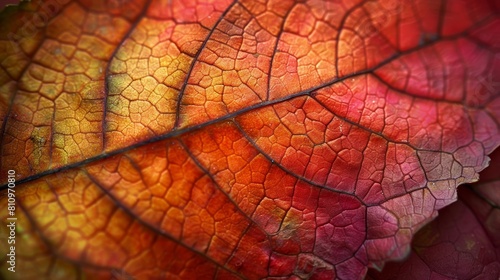 An extreme close up of a leaf with vibrant red  orange  yellow and green colors.