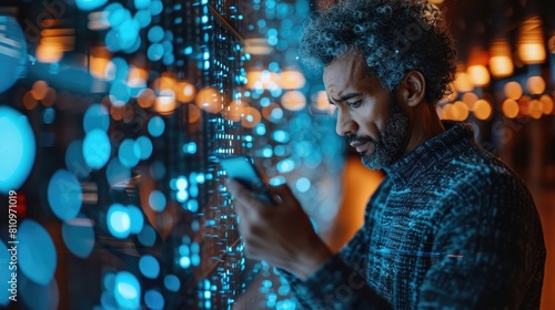 A man in a pensive expression gazes at his phone in front of a rack of server lights.