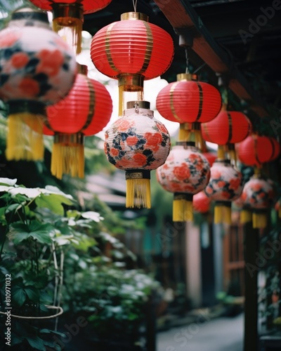 Oriental Decorations - Asian lanterns and flowers hanging from a porch