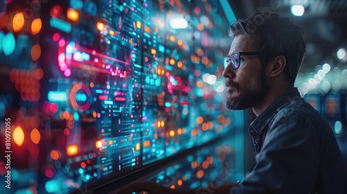 A man in glasses looking at a large screen of data. © Vilaysack