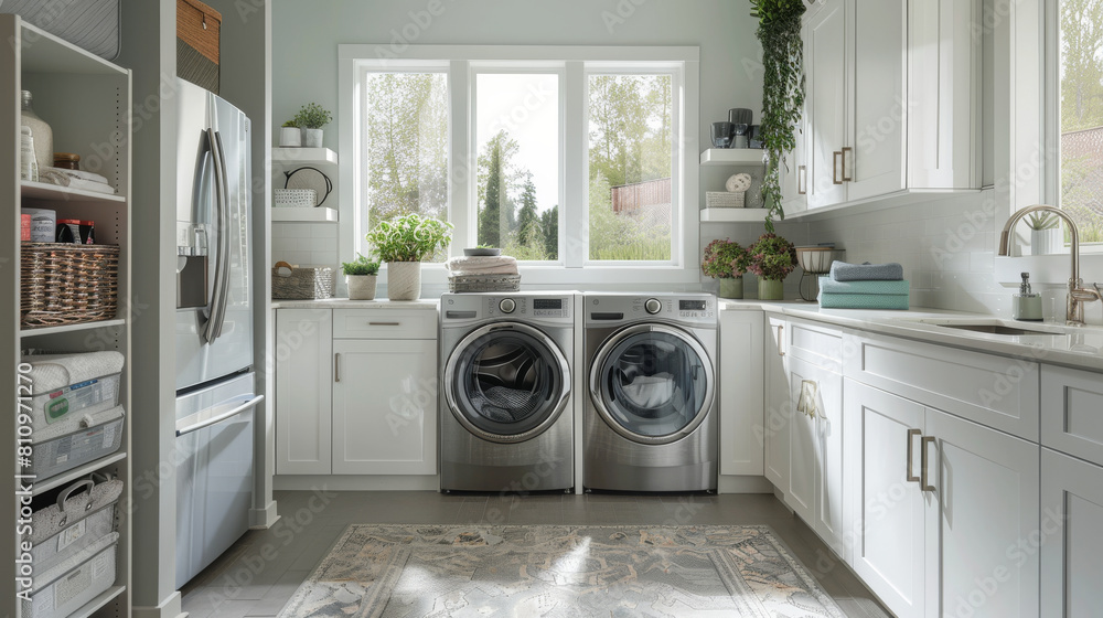 A bright and organized laundry room with modern appliances and greenery A bright and organized laundry room with modern appliances and greenery