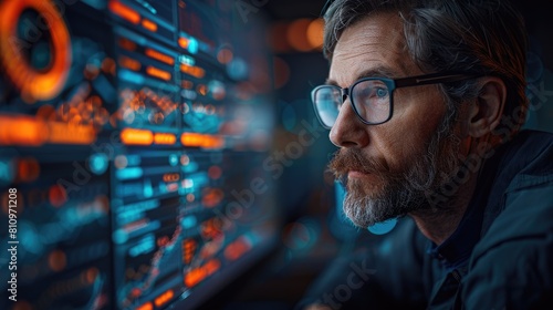 A man in glasses thoughtfully gazes at a large screen of complex data.
