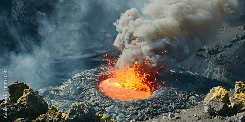 Vulcão em Erupção com Fumaça Giratória e Lava Incandescente