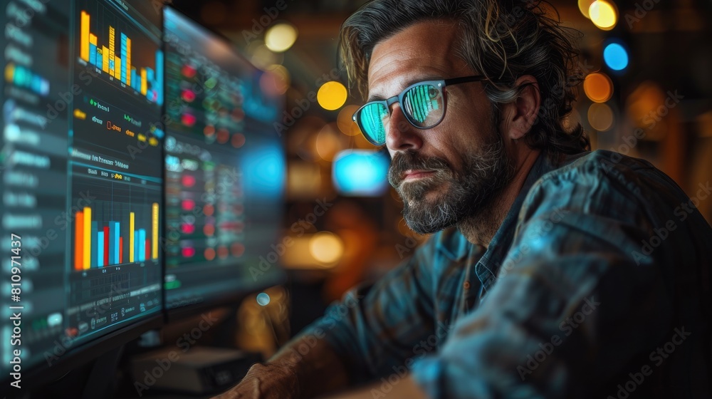 A man wearing glasses is looking at a computer screen with a lot of data on it. He is wearing a casual shirt and has a beard. A man wearing glasses is looking at a computer screen with a lot of data on it. He is wearing a casual shirt and has a beard.