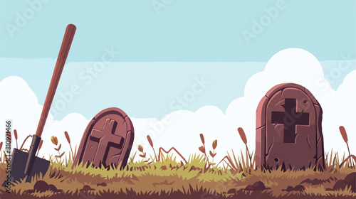 Open grave and headstone with hoe Vector illustration