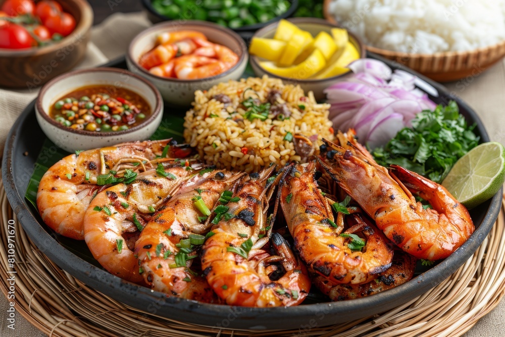 Plate of Food With Shrimp, Rice, and Vegetables Plate of Food With Shrimp, Rice, and Vegetables