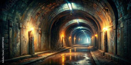 Eerie Dark Tunnel with Shadows and Mysterious Shapes Casting Dim Lighting and a Hint of Light