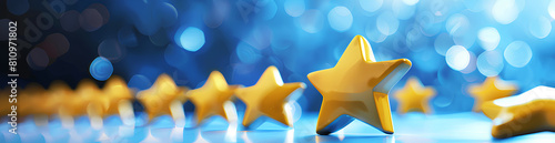 A row of five golden stars on a blue background with a blur effect. The concept is customer review, experience, and quality service along the bottom edge of the banner.