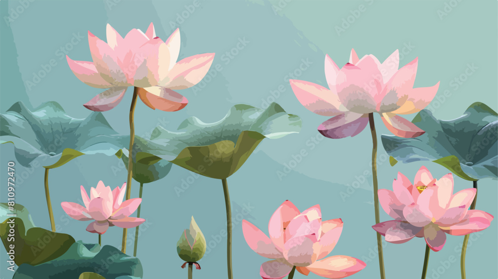 Pink lotus flowers with stems and leaves Vector style