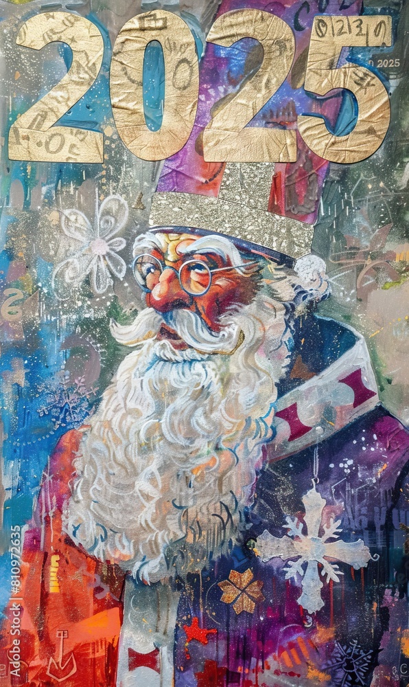 A colorful and textured street art depiction of Santa Claus with the year 2025 prominently featured