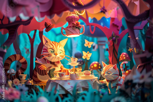 Alices Adventures in Wonderland a stunning paper cut diorama featuring the Cheshire Cat and Mad Hatters tea party