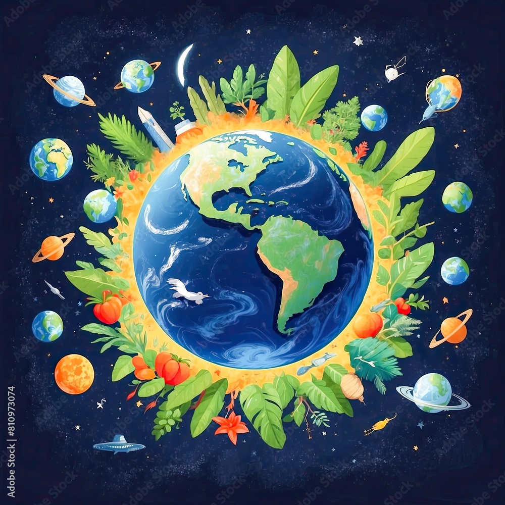 Naklejka premium Earth surrounded by green leaves and planets in space