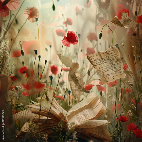 War diary pages flutter among poppies, weaving poetic bravery sries  Memorial Day.