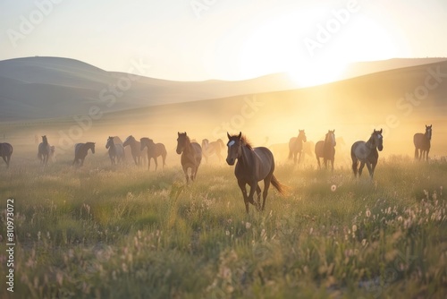 Herd of Horses Running Across Grass-Covered Field