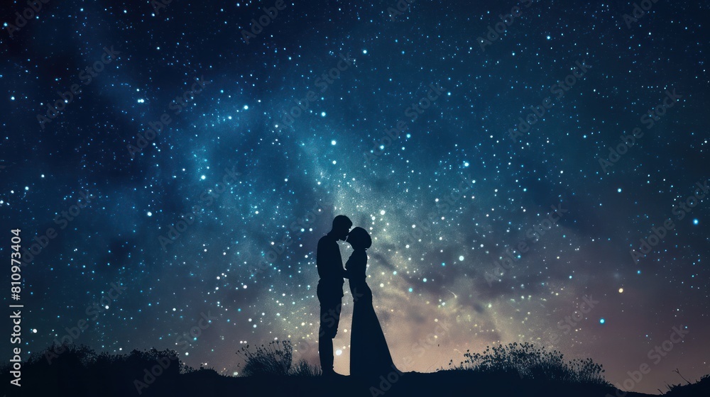 Obraz premium young couple sharing a romantic kiss under a starry sky