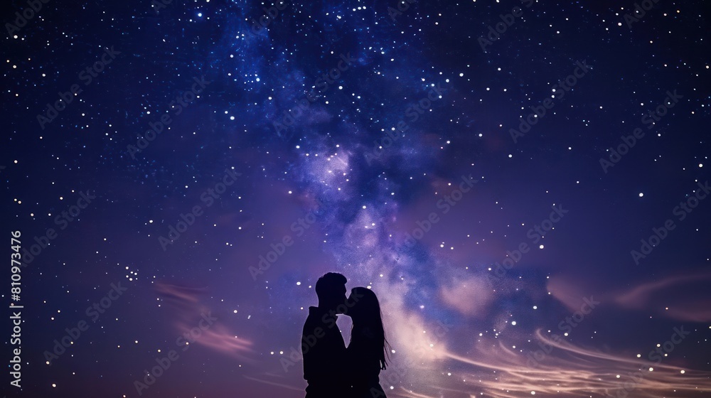 Obraz premium young couple sharing a romantic kiss under a starry sky