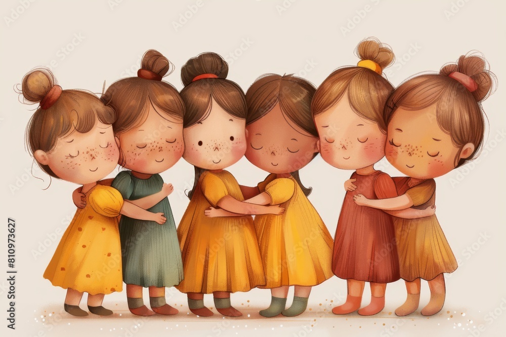 Children of different races smiling, hugging each other, for wrapping paper, wallpaper, cards, textile, fabric Children of different races smiling, hugging each other, for wrapping paper, wallpaper, cards, textile, fabric