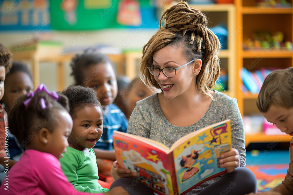Children in kindergarten at a reading lesson Children in kindergarten at a reading lesson