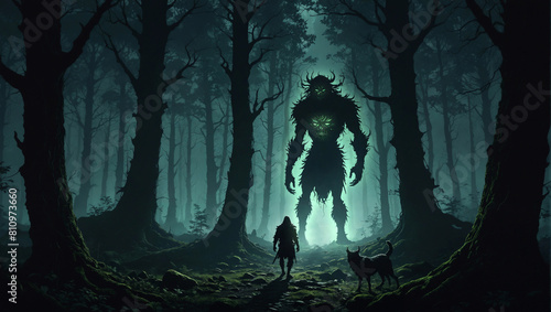 Man confronts a nightmare being in a dark forest,  green illuminated faces on a furry beast, Slavic folklore, high detail, fantasy illustration, no AI artifacts photo