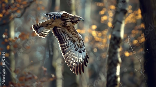 Short eared buzzard Asio otus flying between the trees in the forest outstretched . Generative Ai photo